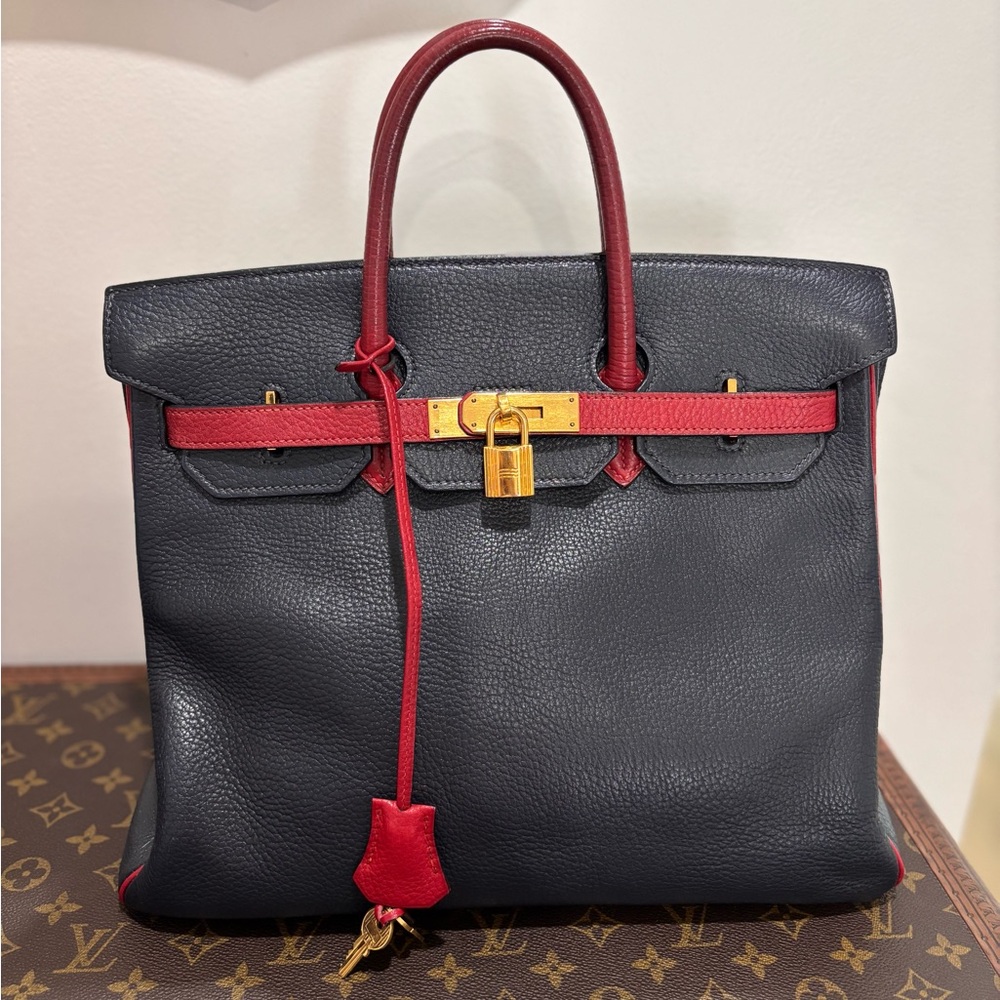 Authentic HERMES Birkin HAC 32 vintage 1988 fjord leather bi color indigo blue